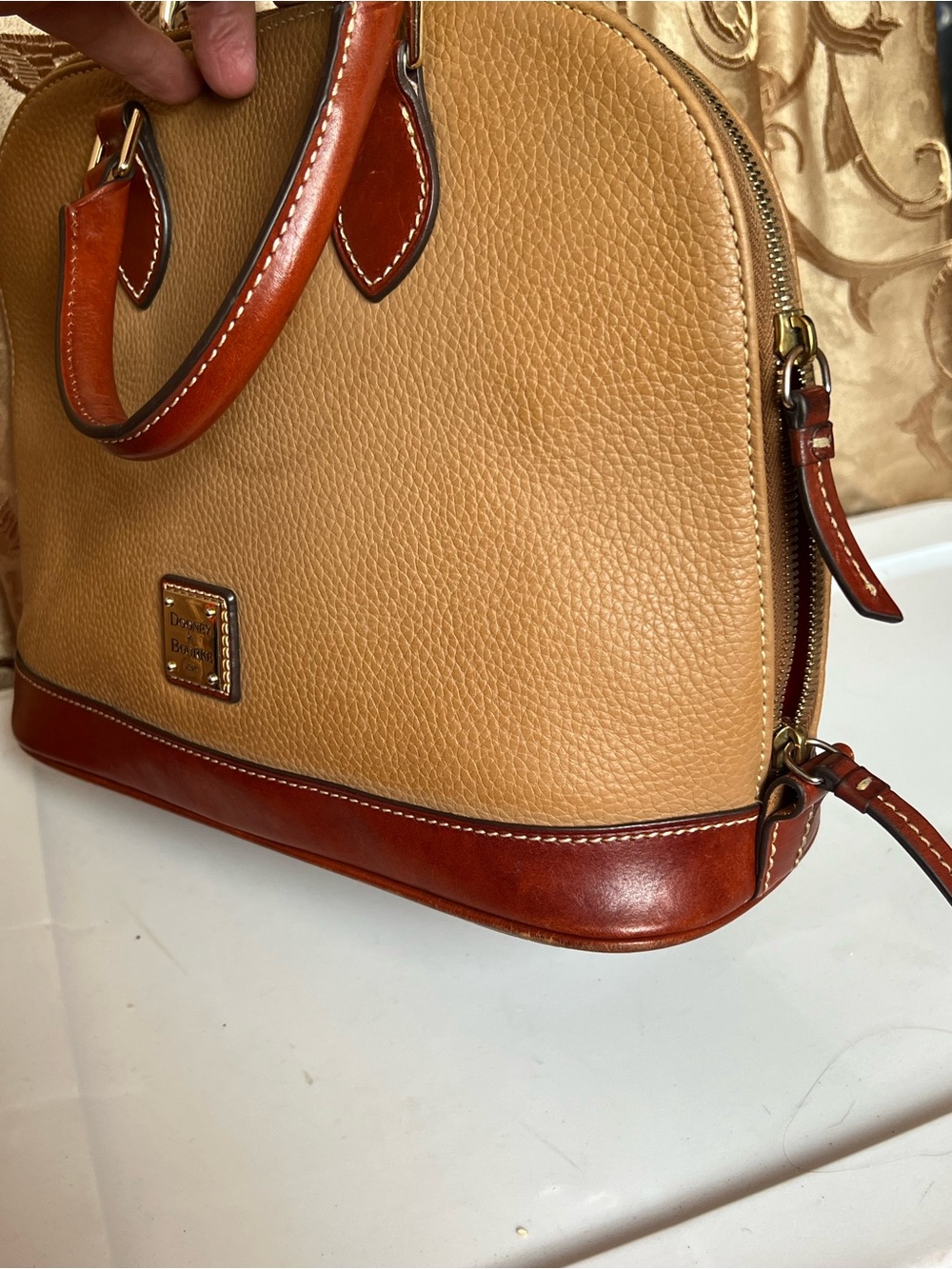 Dooney & Bourke Tan Pebble Leather Satchel crossbody with Brown Trim long strap